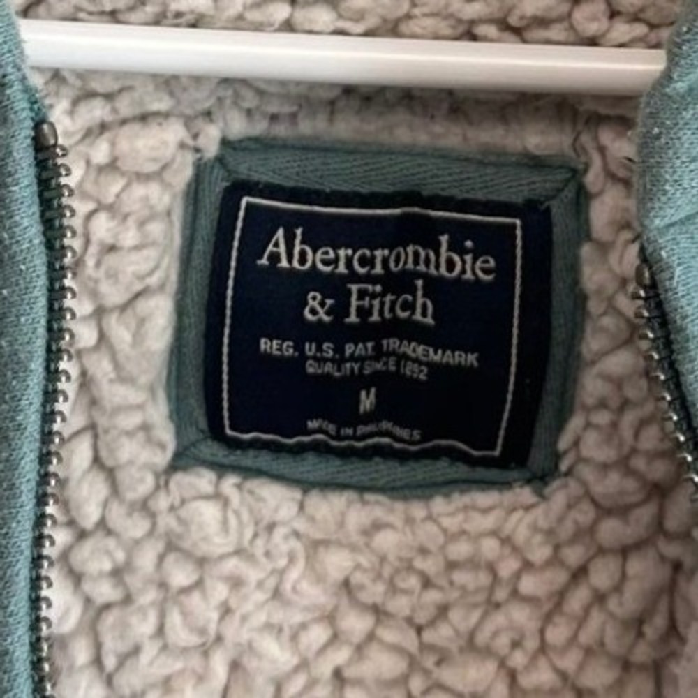 VTG Y2K Abercrombie Sherpa Lined Hoodie Full‎ Zip Teal Spellout Women's M Rare - Picture 3 of 11